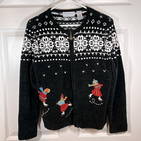 EXC Full Zip Sweater Cardigan Snowflake Ice Skaters Embellishments Women’s PL - Picture 1 of 16